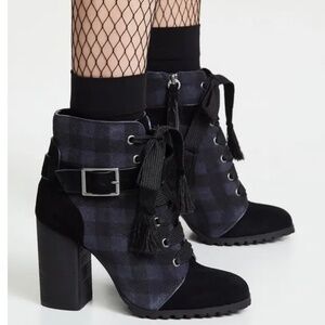 Splendid Celine High Heeled Suede Ankle Boots Black Gray Plaid SZ 9.5 NWOT